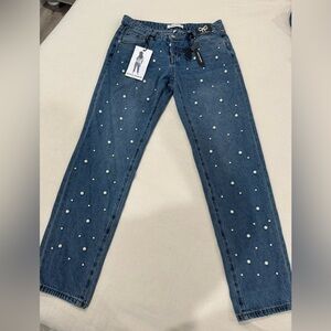 Women's Blue Jeans with Pearl Accents
